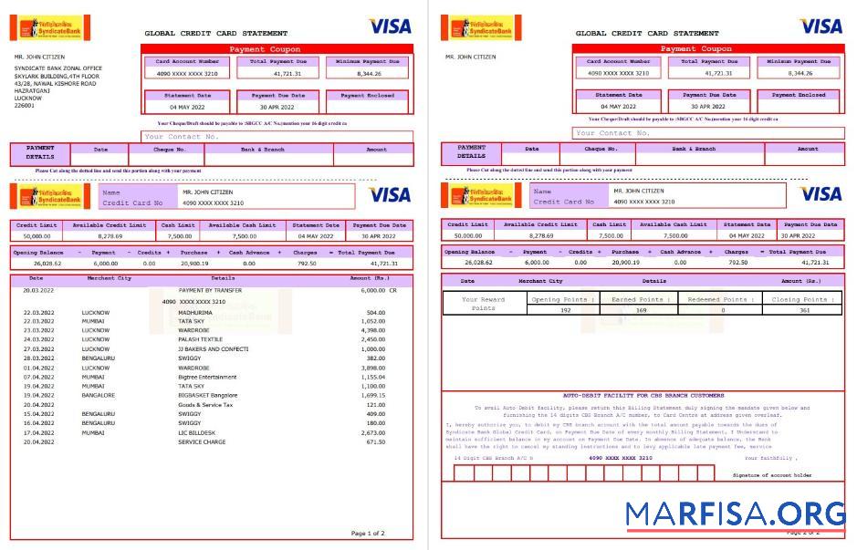 Printable USA Syndicate bank credit card statement 3 pages word sample